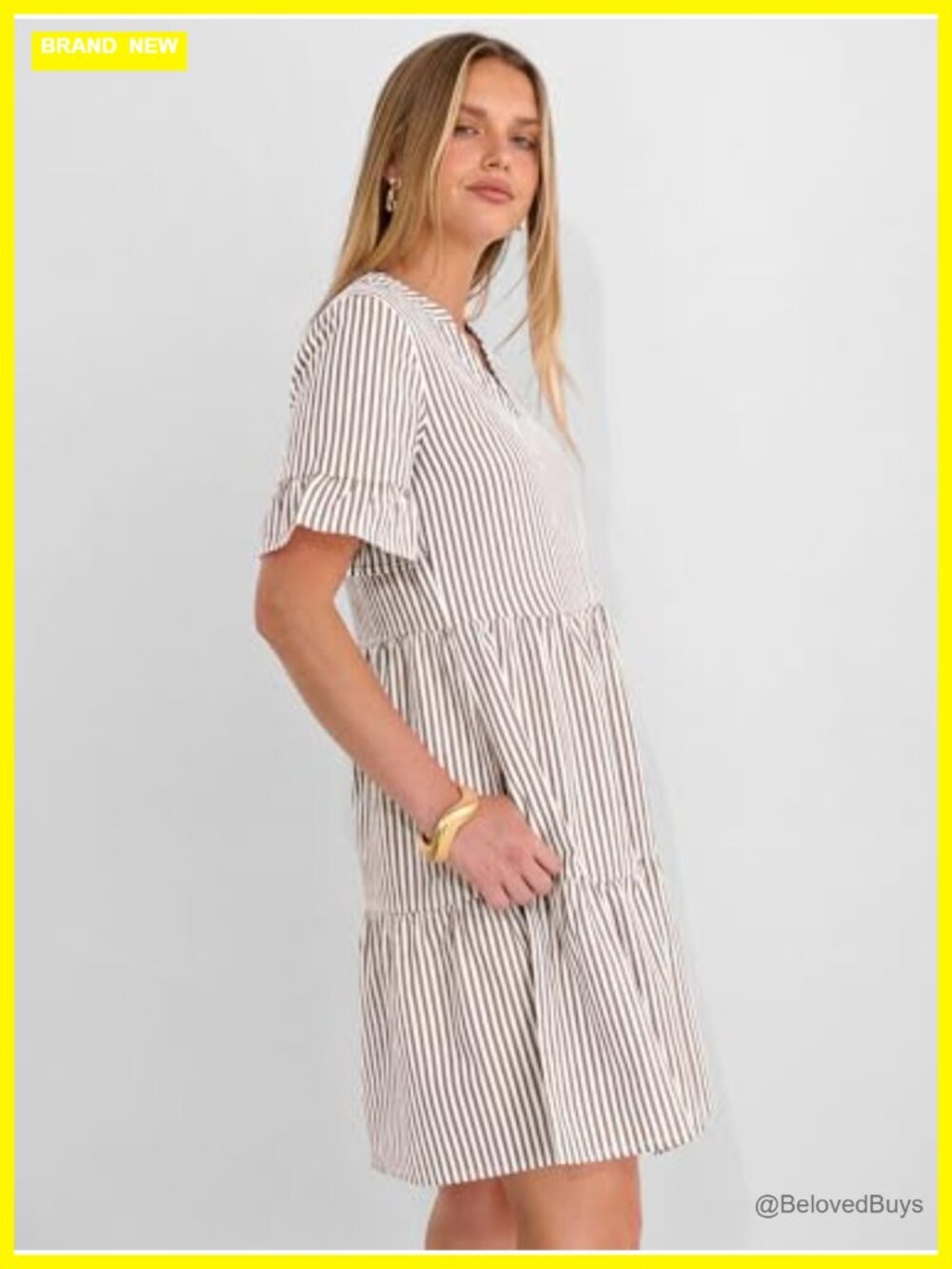Striped V Neck Ruffle Sleeve A Line Tiered Flowy Mini Dress with Pockets - Picture 4 of 7
